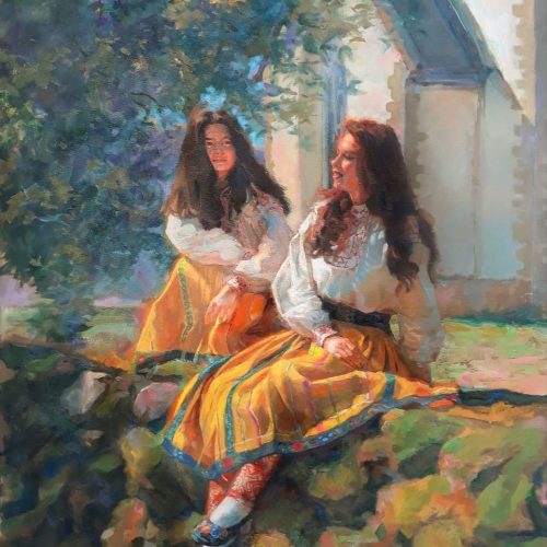 õlimaal "Munuksed" kunstnik Saara Väli realism Muhu rahvariided