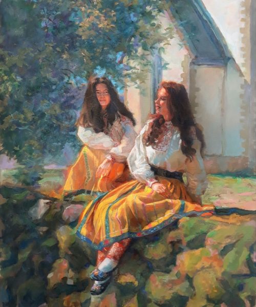 õlimaal "Munuksed" kunstnik Saara Väli realism Muhu rahvariided