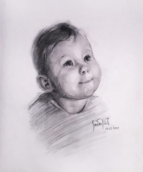 süsijoonistus "Seela" kunstnik Saara Väli realism beebi portree